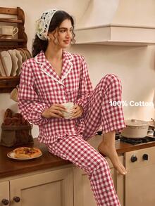 Tulorae Red And White Plaid Lapel Ruffle 100% Pure Cotton Pajama Set, Pastoral Style Woven Printed Loose Lantern Long Sleeve Home Wear Women's 2 Pieces Set - Red and White - View 5