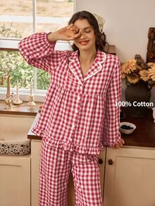 Tulorae Red And White Plaid Lapel Ruffle 100% Pure Cotton Pajama Set, Pastoral Style Woven Printed Loose Lantern Long Sleeve Home Wear Women's 2 Pieces Set - Red and White - View 1