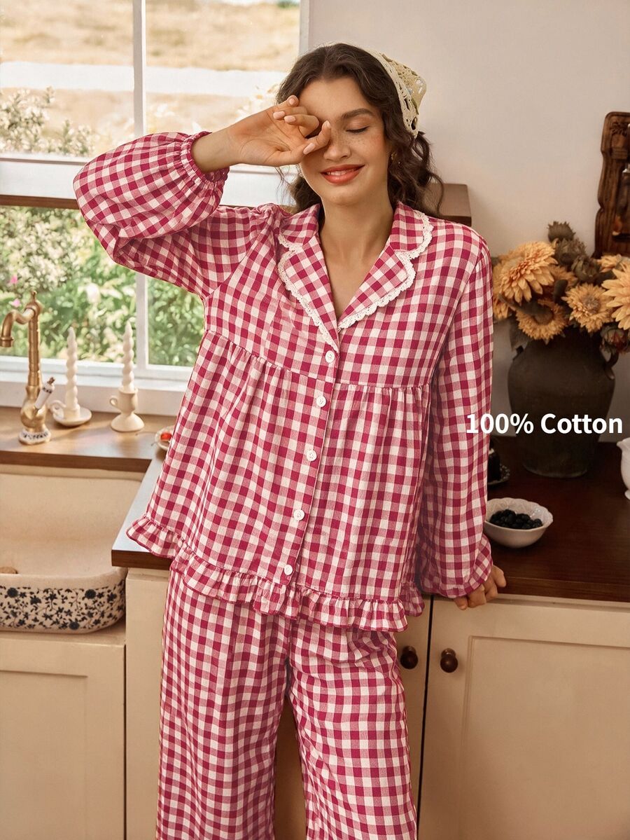 Tulorae Red And White Plaid Lapel Ruffle 100% Pure Cotton Pajama Set, Pastoral Style Woven Printed Loose Lantern Long Sleeve Home Wear Women's 2 Pieces Set - Red and White - View 1