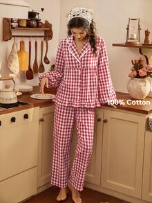 Tulorae Red And White Plaid Lapel Ruffle 100% Pure Cotton Pajama Set, Pastoral Style Woven Printed Loose Lantern Long Sleeve Home Wear Women's 2 Pieces Set - Red and White - View 4