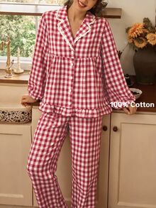 Tulorae Red And White Plaid Lapel Ruffle 100% Pure Cotton Pajama Set, Pastoral Style Woven Printed Loose Lantern Long Sleeve Home Wear Women's 2 Pieces Set - Red and White - View 3