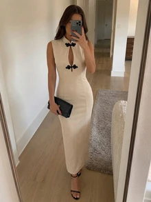 Firerie New Chinese-Style Slim-Fit Knitted Qipao Dress With Frog Closures And Subtle Cut-Out Detailing,Outfit For Women,Christmas Party Dress - Apricot - View 2