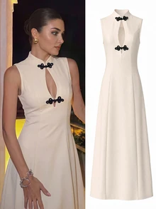 Firerie New Chinese-Style Slim-Fit Knitted Qipao Dress With Frog Closures And Subtle Cut-Out Detailing,Outfit For Women,Christmas Party Dress - Apricot - View 7