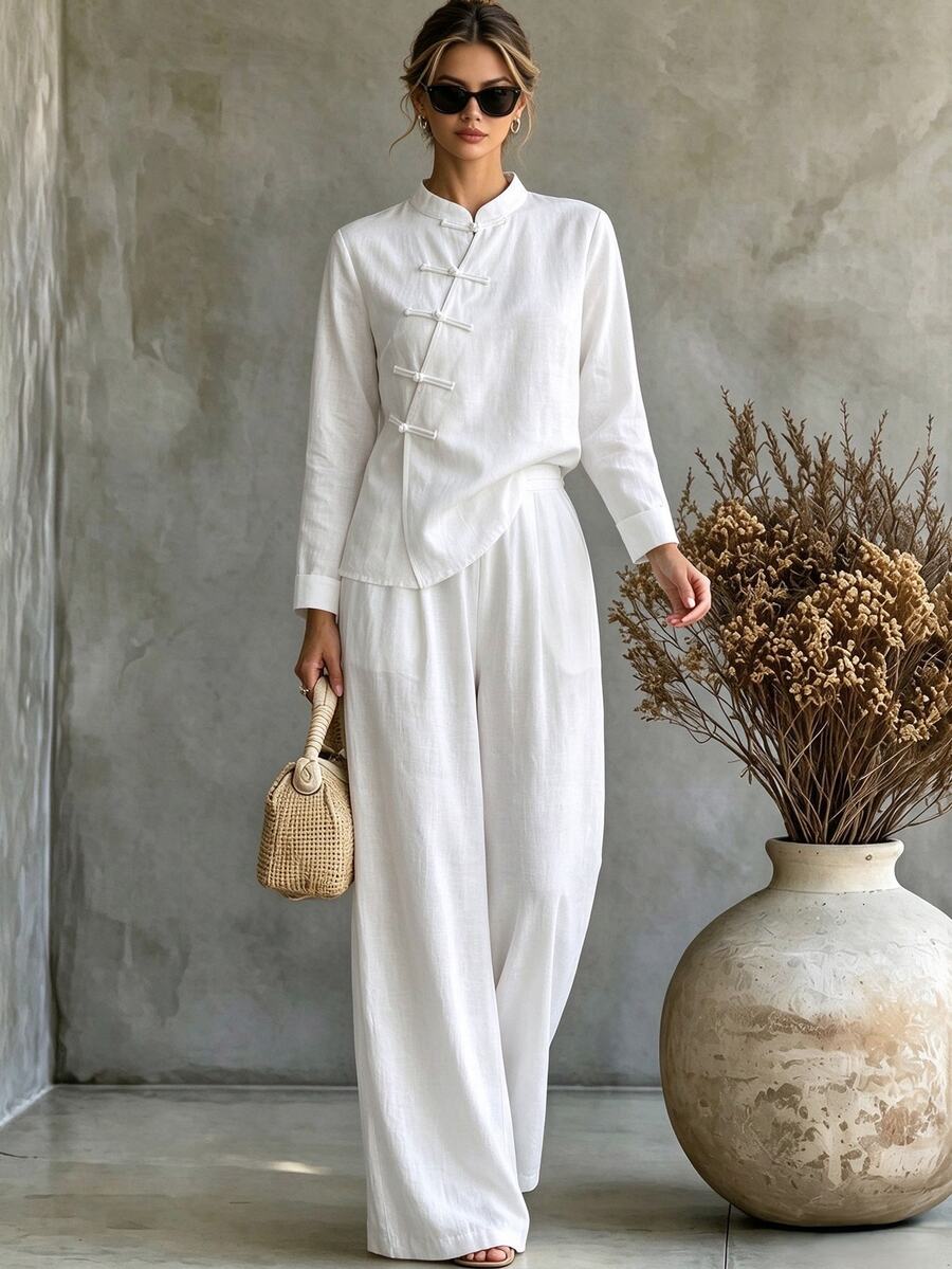 SHEIN Women's New Chinese Style Linen Set, Asymmetrical Collar Frog Button Top, High Waist Draped Wide Leg Pants With Pockets, 2 Pieces Set - White - View 1