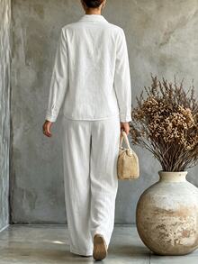 SHEIN Women's New Chinese Style Linen Set, Asymmetrical Collar Frog Button Top, High Waist Draped Wide Leg Pants With Pockets, 2 Pieces Set - White - View 2