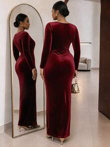 SHEIN Lady CURVE Plus Size Women's Solid Color Boat Neck Ruched Waist Split Hem Fitted Elegant Dress Fall - Red - View 2