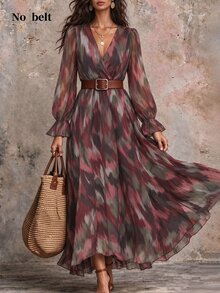 LUMIGAL Elegant Commuter Bohemian Abstract Wavy Texture Print Long Sleeve V-Neck Cross Collar Dress - Multicolor - View 4