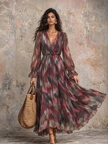 LUMIGAL Elegant Commuter Bohemian Abstract Wavy Texture Print Long Sleeve V-Neck Cross Collar Dress - Multicolor - View 5