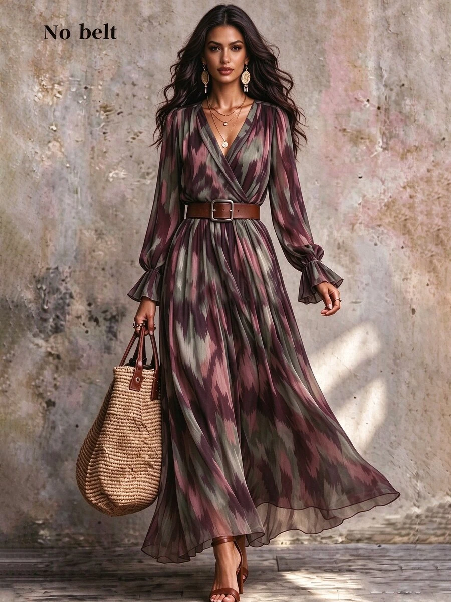 LUMIGAL Elegant Commuter Bohemian Abstract Wavy Texture Print Long Sleeve V-Neck Cross Collar Dress - Multicolor - View 1