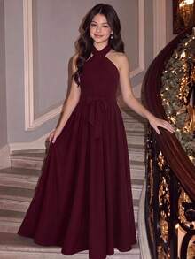 SHEIN Tween Girls Dresses Burgundy Kids One-Shoulder Elegant Dress For Christmas, Halloween, New Year - Burgundy - View 3