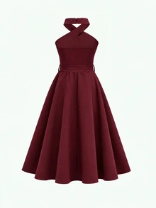 SHEIN Tween Girls Dresses Burgundy Kids One-Shoulder Elegant Dress For Christmas, Halloween, New Year - Burgundy - View 5