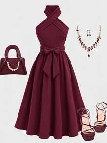 SHEIN Tween Girls Dresses Burgundy Kids One-Shoulder Elegant Dress For Christmas, Halloween, New Year - Burgundy - View 4