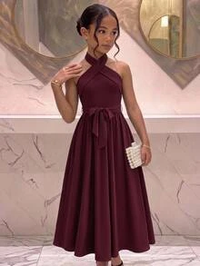 SHEIN Tween Girls Dresses Burgundy Kids One-Shoulder Elegant Dress For Christmas, Halloween, New Year - Burgundy - View 2