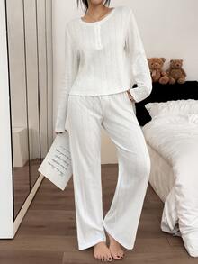 Napfluff 100% Pure Cotton Solid Color Jacquard Crew Neck Half-Button Long Sleeve Pants Women's Loungewear Set - White - View 7