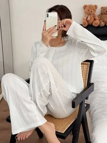 Napfluff 100% Pure Cotton Solid Color Jacquard Crew Neck Half-Button Long Sleeve Pants Women's Loungewear Set - White - View 6