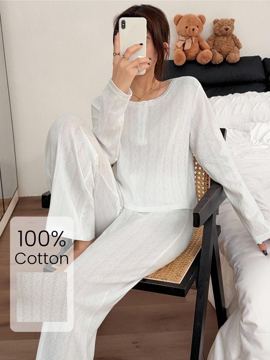 Napfluff 100% Pure Cotton Solid Color Jacquard Crew Neck Half-Button Long Sleeve Pants Women's Loungewear Set - White - View 1