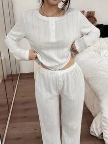 Napfluff 100% Pure Cotton Solid Color Jacquard Crew Neck Half-Button Long Sleeve Pants Women's Loungewear Set - White - View 5