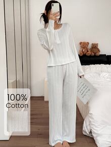 Napfluff 100% Pure Cotton Solid Color Jacquard Crew Neck Half-Button Long Sleeve Pants Women's Loungewear Set - White - View 3