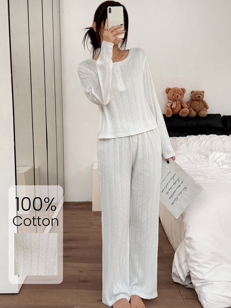 Napfluff 100% Pure Cotton Solid Color Jacquard Crew Neck Half-Button Long Sleeve Pants Women's Loungewear Set - White - View 1