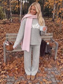 CovetEZ Women's Letter Print Long Sleeve Top & Pants Casual Daily Knit Two Pieces Set - Grey - View 7