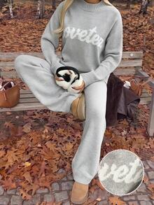 CovetEZ Women's Letter Print Long Sleeve Top & Pants Casual Daily Knit Two Pieces Set - Grey - View 2