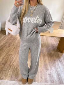 CovetEZ Women's Letter Print Long Sleeve Top & Pants Casual Daily Knit Two Pieces Set - Grey - View 11