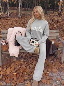 CovetEZ Women's Letter Print Long Sleeve Top & Pants Casual Daily Knit Two Pieces Set - Grey - View 3