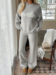 CovetEZ Women's Letter Print Long Sleeve Top & Pants Casual Daily Knit Two Pieces Set - Grey - View 5