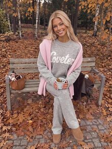 CovetEZ Women's Letter Print Long Sleeve Top & Pants Casual Daily Knit Two Pieces Set - Grey - View 8