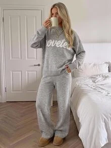CovetEZ Women's Letter Print Long Sleeve Top & Pants Casual Daily Knit Two Pieces Set - Grey - View 9