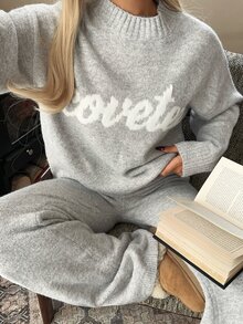 CovetEZ Women's Letter Print Long Sleeve Top & Pants Casual Daily Knit Two Pieces Set - Grey - View 4