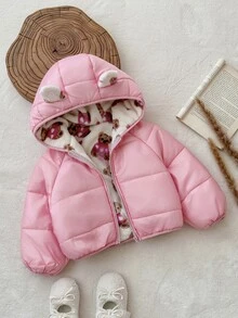 SHEIN 女童編織素色人造毛內裡休閒加厚外套，適合冬季兒童 - 淺粉色 - 查看 5