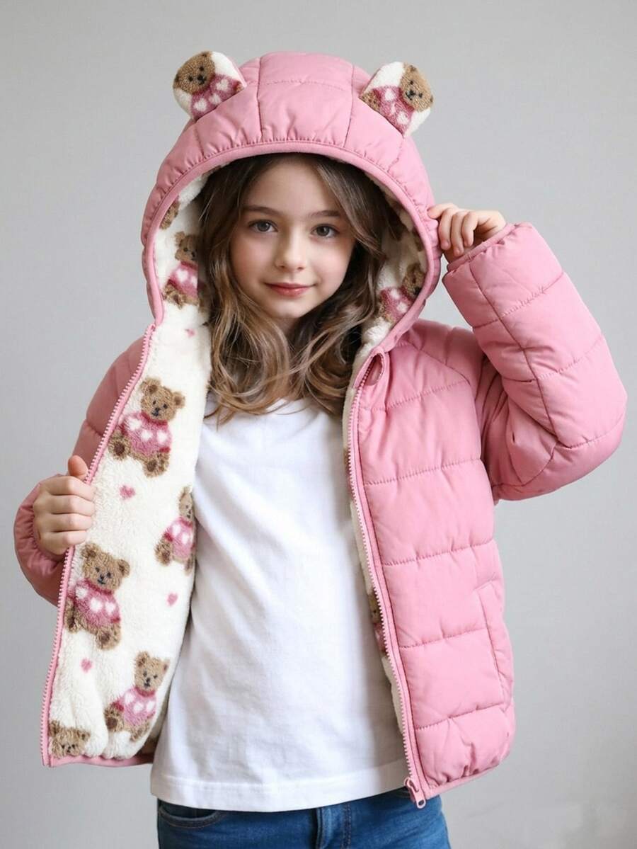 SHEIN Mantel Kasual Berlapisan Bulu Imitasi Warna Polos untuk Anak Perempuan, Cocok untuk Musim Dingin - Baby Pink - View 1