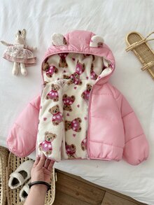 SHEIN 女童編織素色人造毛內裡休閒加厚外套，適合冬季兒童 - 淺粉色 - 查看 7