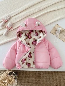 SHEIN 女童編織素色人造毛內裡休閒加厚外套，適合冬季兒童 - 淺粉色 - 查看 1