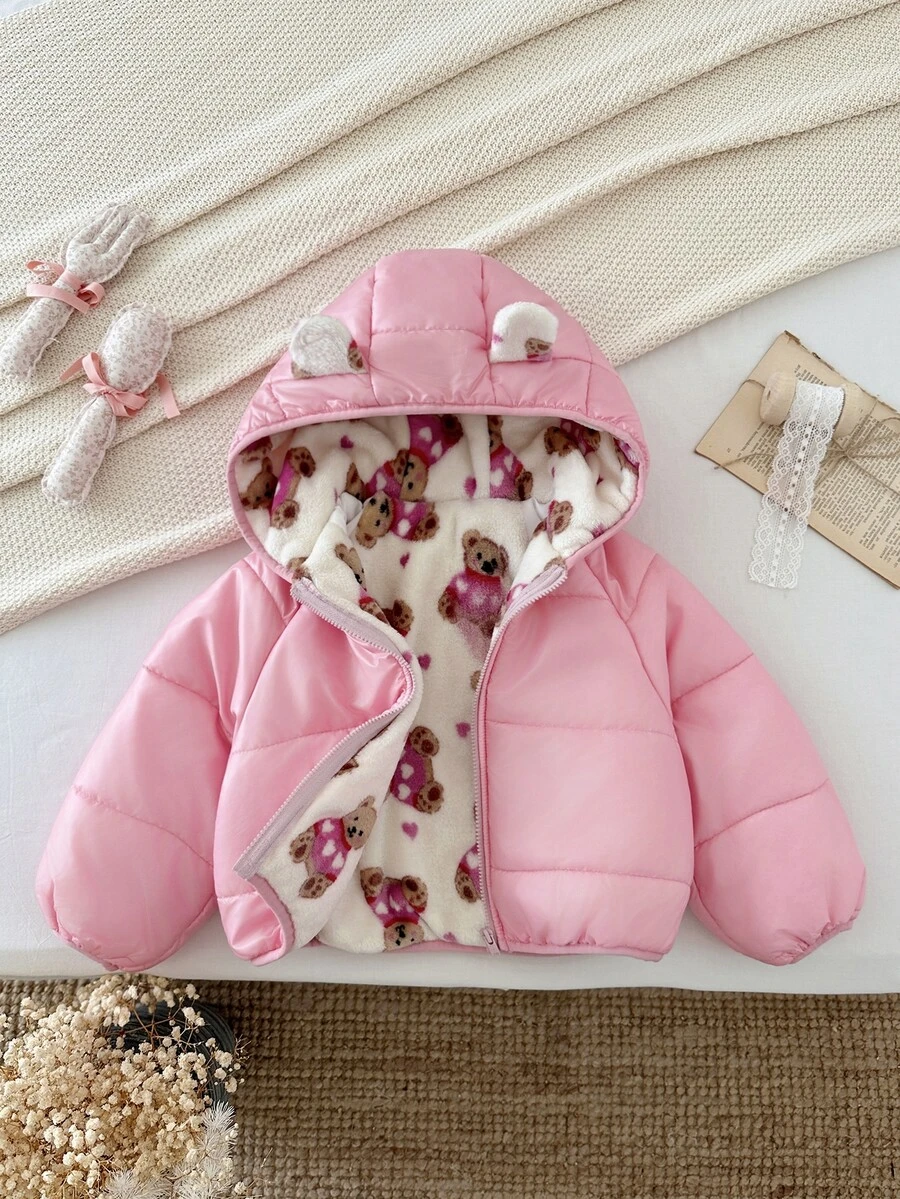 SHEIN 女童編織素色人造毛內裡休閒加厚外套，適合冬季兒童 - 淺粉色 - 查看 1