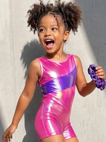 SHEIN Young Girls Athletic Princess Slim Fit Baby Pink Patchwork Gradient Sleeveless Romper Gymnastics Dancing Indoor Summer 7th Birthday - Multicolor - View 2