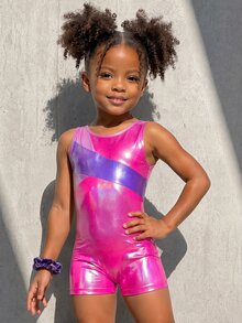 SHEIN Young Girls Athletic Princess Slim Fit Baby Pink Patchwork Gradient Sleeveless Romper Gymnastics Dancing Indoor Summer 7th Birthday - Multicolor - View 3
