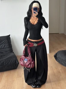 Coolane 女款秋冬優雅派對休閒外出性感時尚夜店約會舒適彈性保暖羅紋針織黑色修身V領上衣 - 黑色 - 查看 2