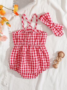 SHEIN 2件套女婴时尚可爱条纹露肩连体衣和发带套装，夏季派对 - 紅色 - 查看 5