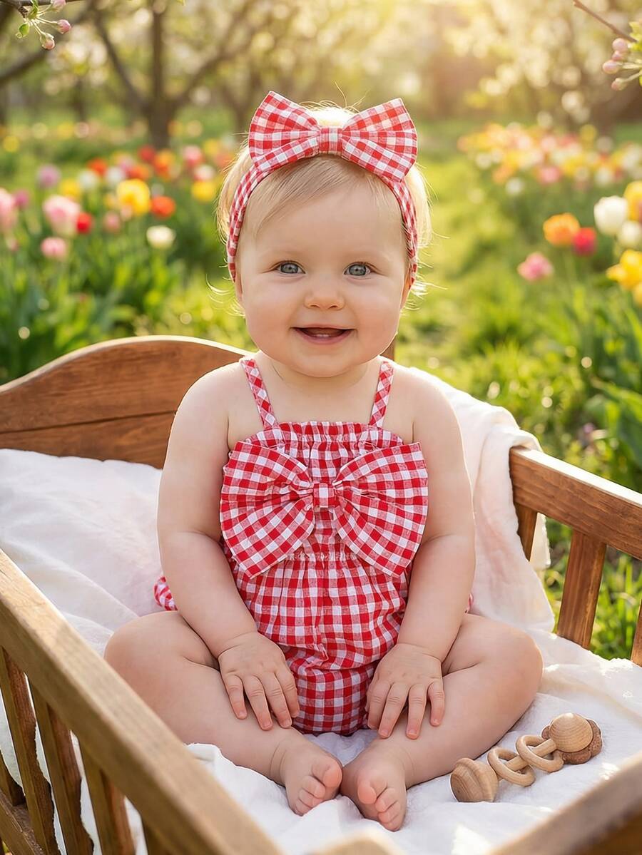 SHEIN 2pcs/Set Baby Girls' Fashionable Cute Red And White Plaid Off-Shoulder Bodysuit Headband Set, Summer Party Family Photoshoot Cute