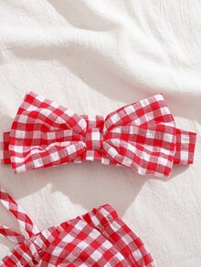 SHEIN 2件套女婴时尚可爱条纹露肩连体衣和发带套装，夏季派对 - 紅色 - 查看 13