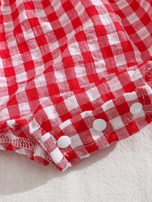 SHEIN 2件套女婴时尚可爱条纹露肩连体衣和发带套装，夏季派对 - 紅色 - 查看 9