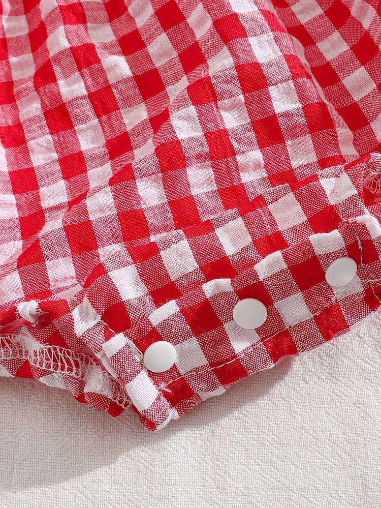SHEIN Vintaside Kids 2pcs/Set Baby Girls' Fashionable Cute Red And White Plaid Off-Shoulder Bodysuit Headband Set, Summer Party Family Photoshoot Cute - Red - View 8