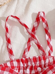 SHEIN 2件套女婴时尚可爱条纹露肩连体衣和发带套装，夏季派对 - 紅色 - 查看 6