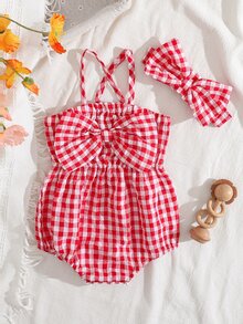 SHEIN 2件套女婴时尚可爱条纹露肩连体衣和发带套装，夏季派对 - 紅色 - 查看 4