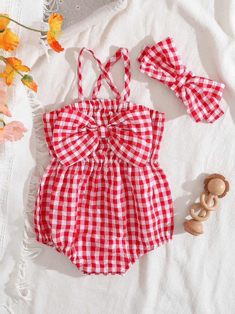 SHEIN Vintaside Kids 2pcs/Set Baby Girls' Fashionable Cute Red And White Plaid Off-Shoulder Bodysuit Headband Set, Summer Party Family Photoshoot Cute - Red - View 3