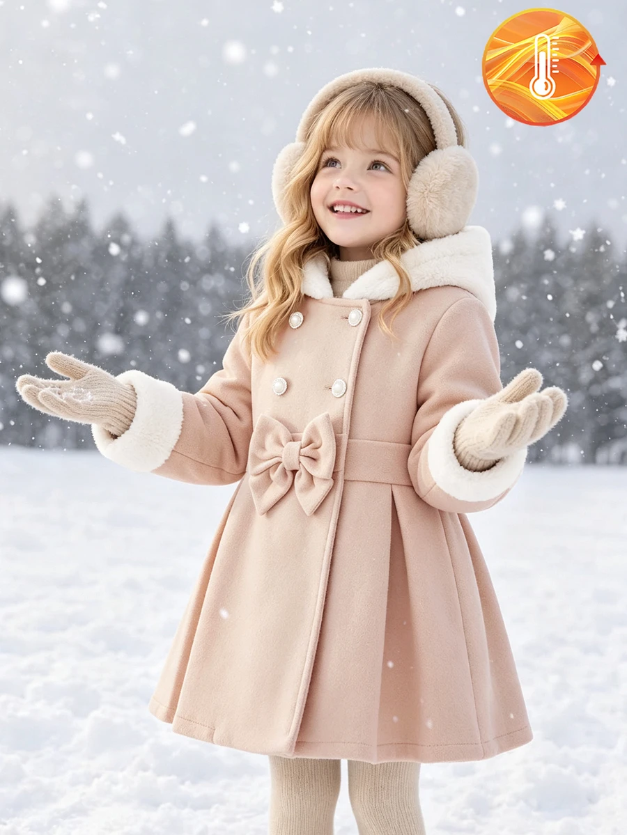 SHEIN Girls Double Breasted Wool Blend Coat Mid-Length Overcoat, Elegant Formal Winter Jacket For Wedding Party Holiday, Back To School Daily Outerwear - Apricot - View 1
