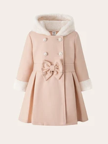 SHEIN Girls Double Breasted Wool Blend Coat Mid-Length Overcoat, Elegant Formal Winter Jacket For Wedding Party Holiday, Back To School Daily Outerwear - Apricot - View 3