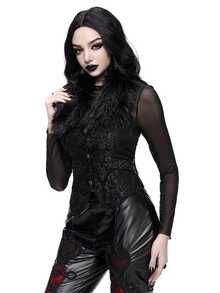 ROMWE Autumn/Winter Gothic Christmas Court Style Jacquard Fur Collar Shirt Vest - Black - View 7